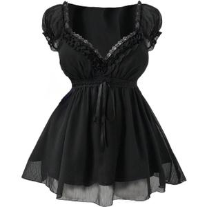 Verdusa Women's Plus Size Y2K Gothic Sheer Lace Blouse Puff Short Sleeve Shirred Ruffle Peplum Tops (3X-Large Plus, Black)