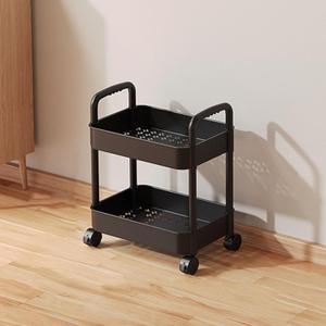 2-Tier Plastic Rolling Utility Cart with Handle, Multi-Functional Shelves Shelf Storage Trolley for Living Room, Office, Bathroom, Kitchen, Movable Storage Organizer with Wheels (Black)