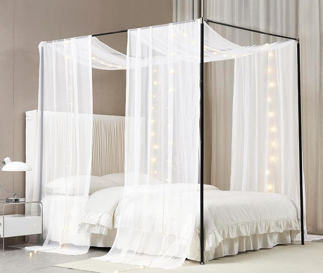 Akiky Canopy Curtains for Girls with LED Light King California King Bed Curtains Frame Bed,Valance Scarves Great for Bed,Windows,Wedding Parties(King,White)