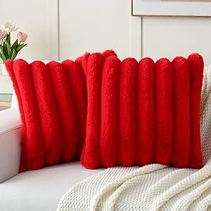 HAUSSY Pack of 2 Pillow Covers 20x20 Inch, Faux Fur Decorative Couch Throw Pillows Soft Striped Plush Cushion Covers Home Decor Cute Furry Pillowcase for Living Room Sofa Bed, Red (Covers Only)