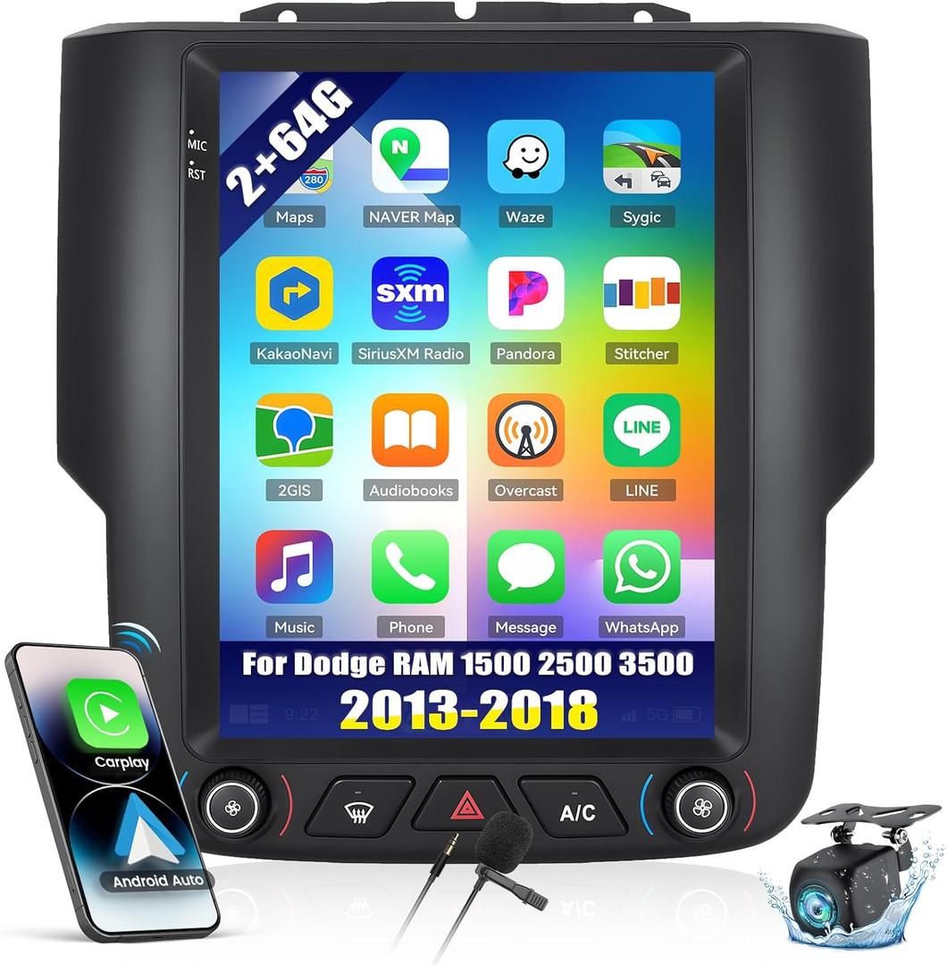 [2+64G] Android 13 Car Stereo for Dodge RAM 1500 2500 3500 2013-2018 with Wireless/Wired Carplay&Android Auto,9.7" Car Radio with Mirror Link GPS WiFi BT FM/RDS SWC Dual USB+AHD Backup Camera