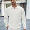COOFANDY Mens Knit Polo Shirts Long Sleeve Casual Polo Sweaters Shirt Waffle Textured Collared Sweater (White, XXXL)