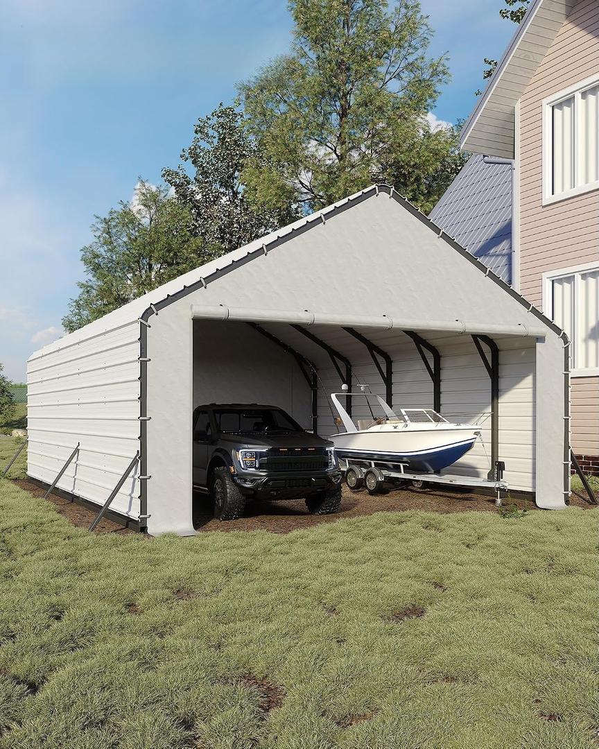 20ft Wide Heavy Duty PE Carport Waterproof Outdoor Garage Shelter for Car, Truck, Boat with Removable Sidewalls, White
