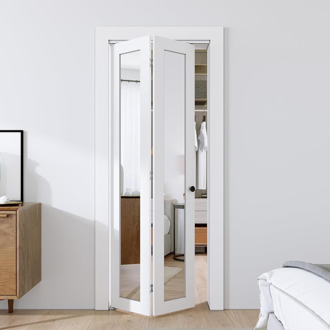 SMARTSTANDARD Bifold Doors, Mirror Closet Doors for 30''15" x2 x 80" with Sliding Hardware Kit Set, Interior Bi Fold Door for Closet, Easy Install, MDF, White