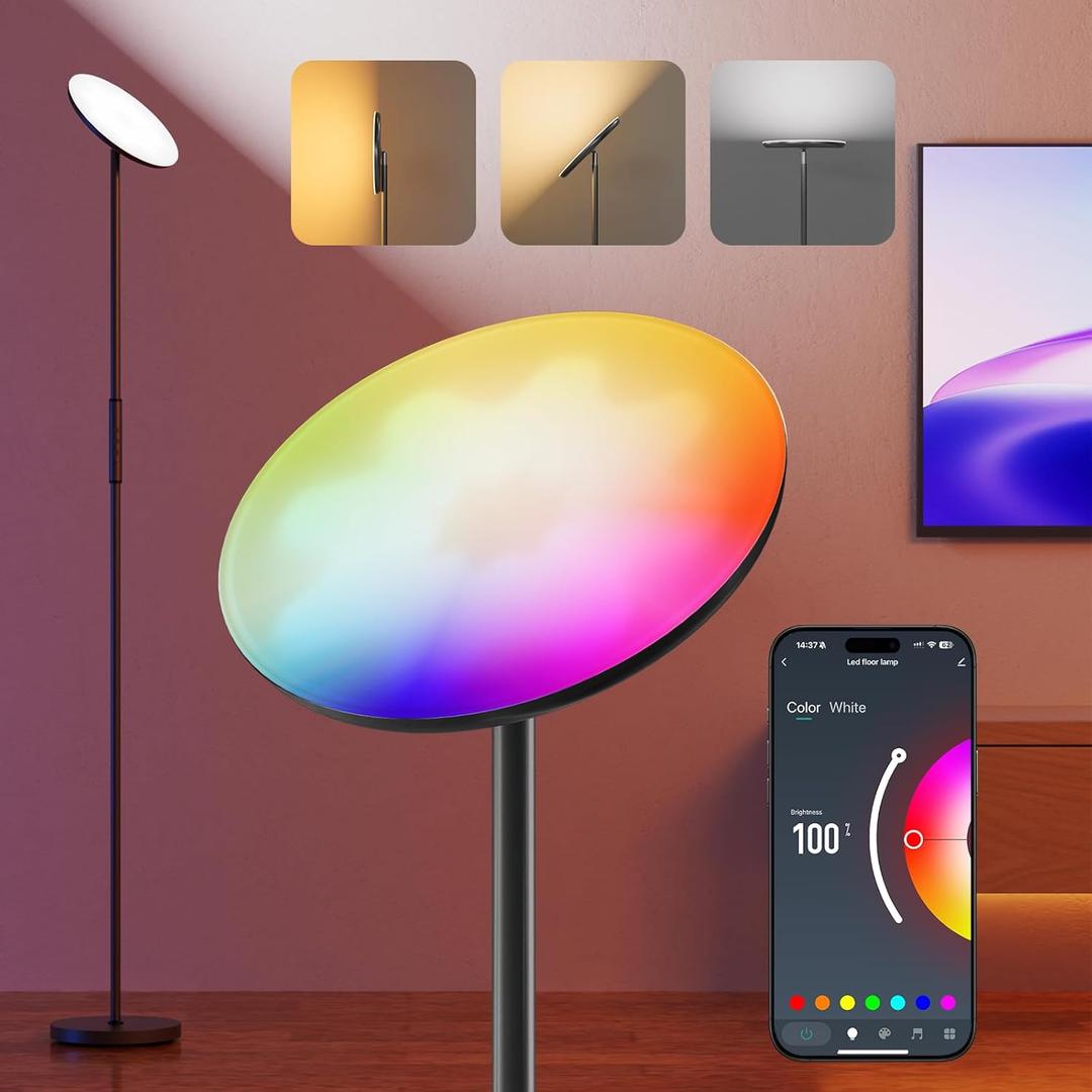 Smart Floor Lamp, 2800LM RGBWW Standing Lamps for Living Room with Smart App & Voice Control, 69.3in Torchiere Floor Lamps Color Changing, 350Rotating LED Tall Lamp for Bedroom Office Gaming Party (Small)