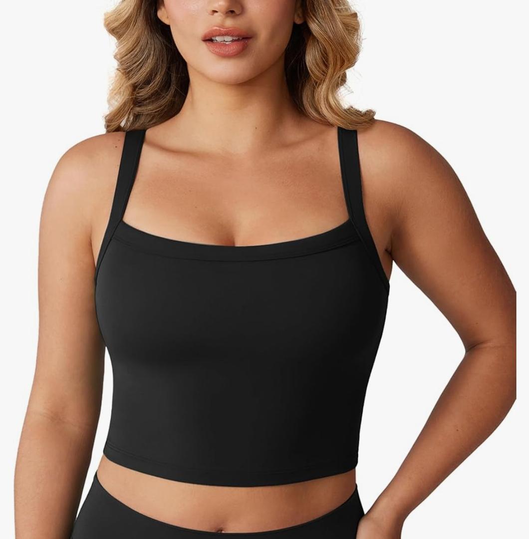 Hugcurve Adjustable Longline Sports Bra Square Neck Workout Tank Crop Tops for Women with Built in Bra Padded Camisole S