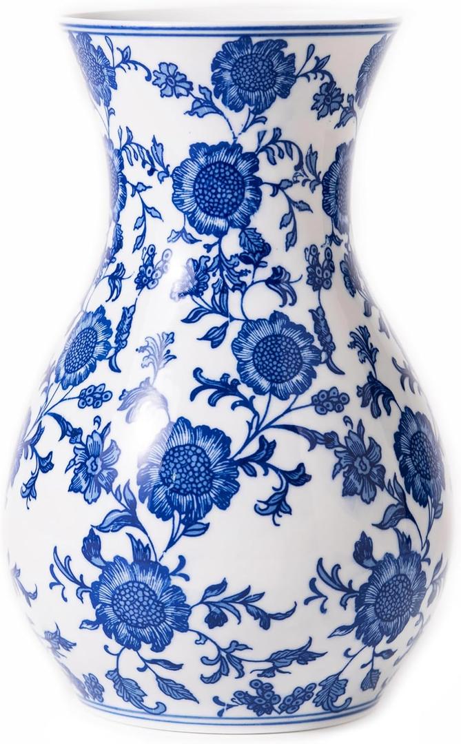 Blue and White Vase, Blue Sunflower Pattern Vase, Chinoiserie Vase, Blue and White Ginger Jar Vase for Home Decor,Flower Vase, Blue and White Porcelain Dcor,11" H