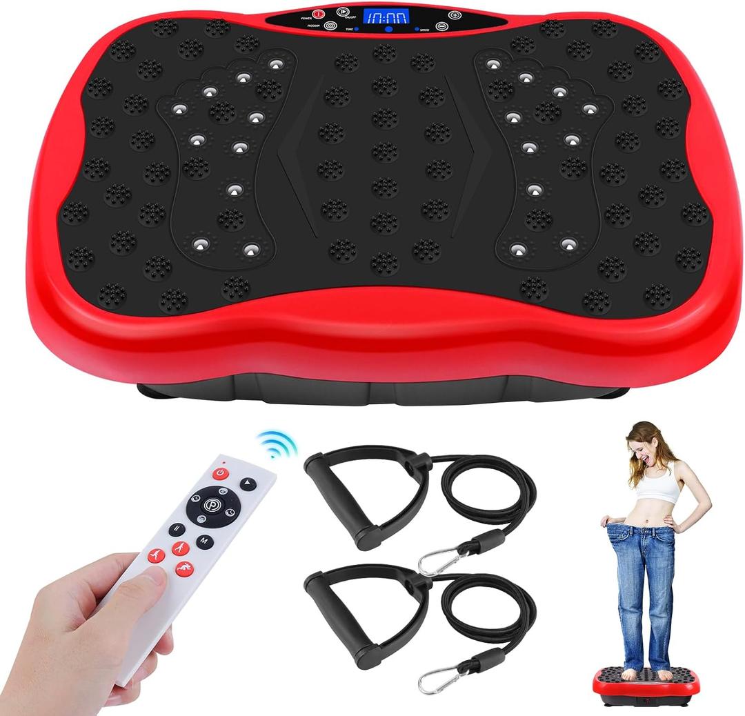 Vibration Plate Exercise Machine, Health & Fitness Full Body Vibration Platform, Portable Vibration Plate Platform for Weight Loss Home Fitness, Lymphatic Drainage, w/Resistance Bands+Remote (Red)