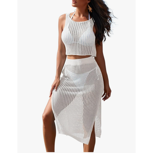 Pink Queen Women 2 Piece Swimsuit Crochet Hollow Out Swim Cover Up Bikini Swimwear Knit Mesh Tunic Beach Dress Side Slit M