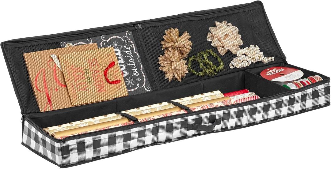 mDesign Long Gift-Wrapping Paper Storage Bag with Handles, Holder for Christmas and Holiday Organizer Container Box - Zipper Lid for Rolls of Wrap, Under Bed Storage Totes, Buffalo Plaid, Black/White