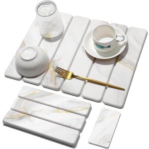 Small Stone Dish Drying Mat for Kitchen Counter, 15.7"12" & 8"x4" Quick Dry Stone Mats, Foldable Water Absorbing Diatomaceous Earth Drying Dish Pad for Countertop Bottles Utensils Cup (Gold White)