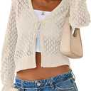 SimpleFun Womens Crochet Cardigan Casucal Tie Front Shrugs Sweaters Long Sleeve Knit Cropped Cardigans Tops (White, L)