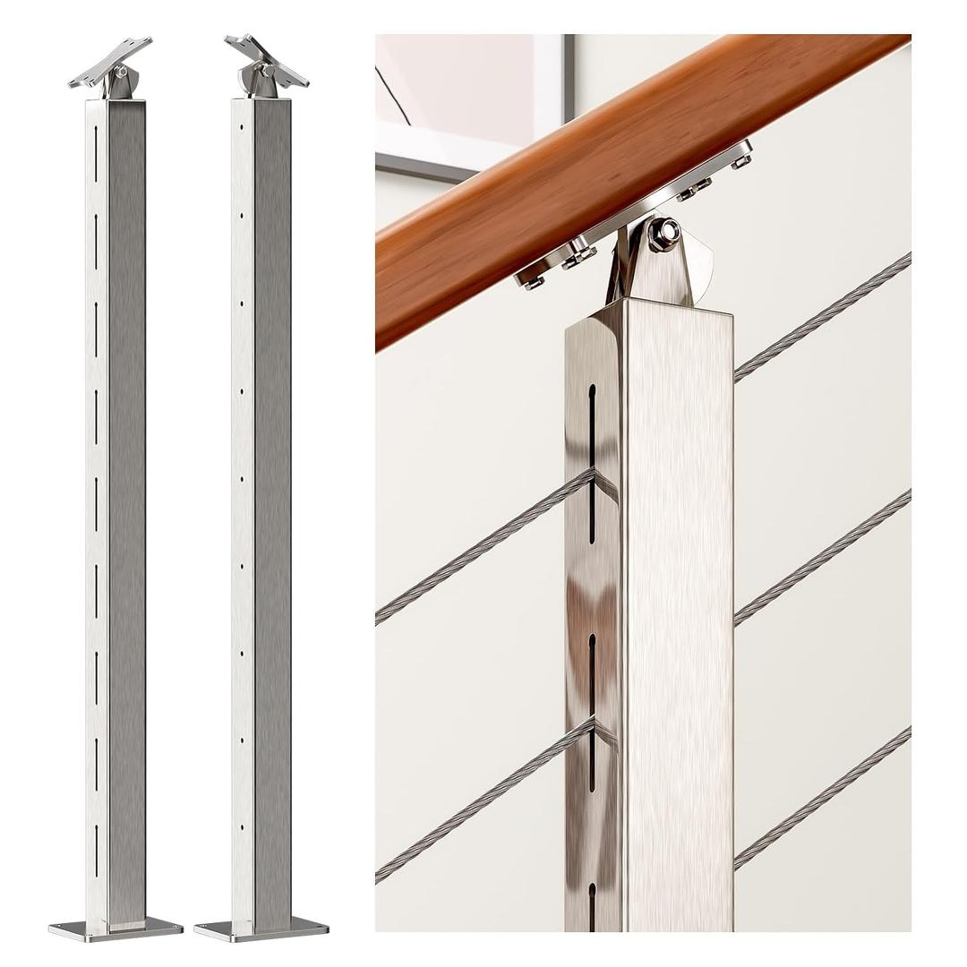 2 Pack Cable Railing Post Stainless Steel Adjustable Angle Intermediate Post for 1/8" Deck Cable Railing，Silvery