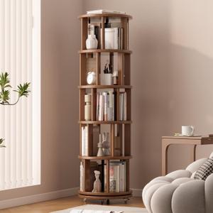 Solid Wood Rotating Bookshelf on Wheels, 5 Tier, Round Revolving Bookcase, 360 Spinning Book Shelf Tower for Kids, Narrow Rolling Bookshelves for Small Space, Corner, Bedroom, Office, Walnut