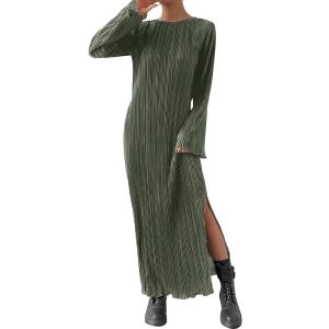 LuFeng Women's Pleated Long Sleeve Loose Ruched Dress Pleated Crew Neck Split Hem Cocktail Party Maxi Dress, Large