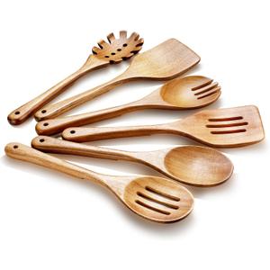 Wooden Cooking Utensils, 6 Pieces Natural Acacia Wooden Spoons For Cooking with Non Stick & Heat Resistant Design, Wooden Kitchen Utensil Set with Hanging Hole for Stirring, Mixing, Cooking