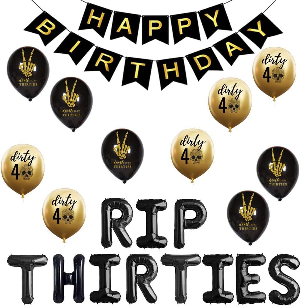 RIP THIRTIES 40th Birthday Party Supplies, Happy Birthday Banner for Death to My Thirties 30s RIP Youth Men Dirty 40 Funny 40th Bday Decorations (Gold)