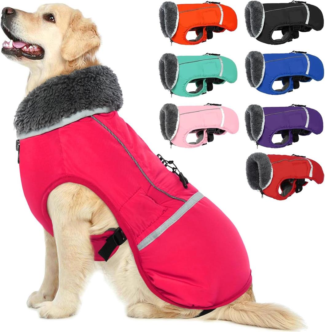 QBLEEV Warm Dog Coat Reflective Dog Jacket, Waterproof Dog Winter Coat Turtleneck Dog Clothes for Cold Weather, Thick Fleece Dog Snowsuit Christmas Dog Vest Pet Apparel for Small Medium Large Dogs XL (Rose Red)