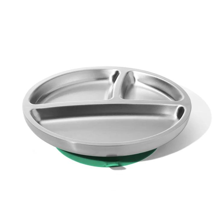 Avanchy Open Baby Plates with Suction – Stainless Steel Divided Plates for Toddlers, BPA-Free, Dishwasher Safe, Unbreakable, Non-Toxic, 100% Silicone Suction – Gray