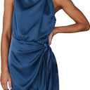 PRETTYGARDEN Women's Short Formal Satin Dress Summer Sleeveless Mock Neck Tie Waist Cocktail Party Dresses (Dark Blue), S