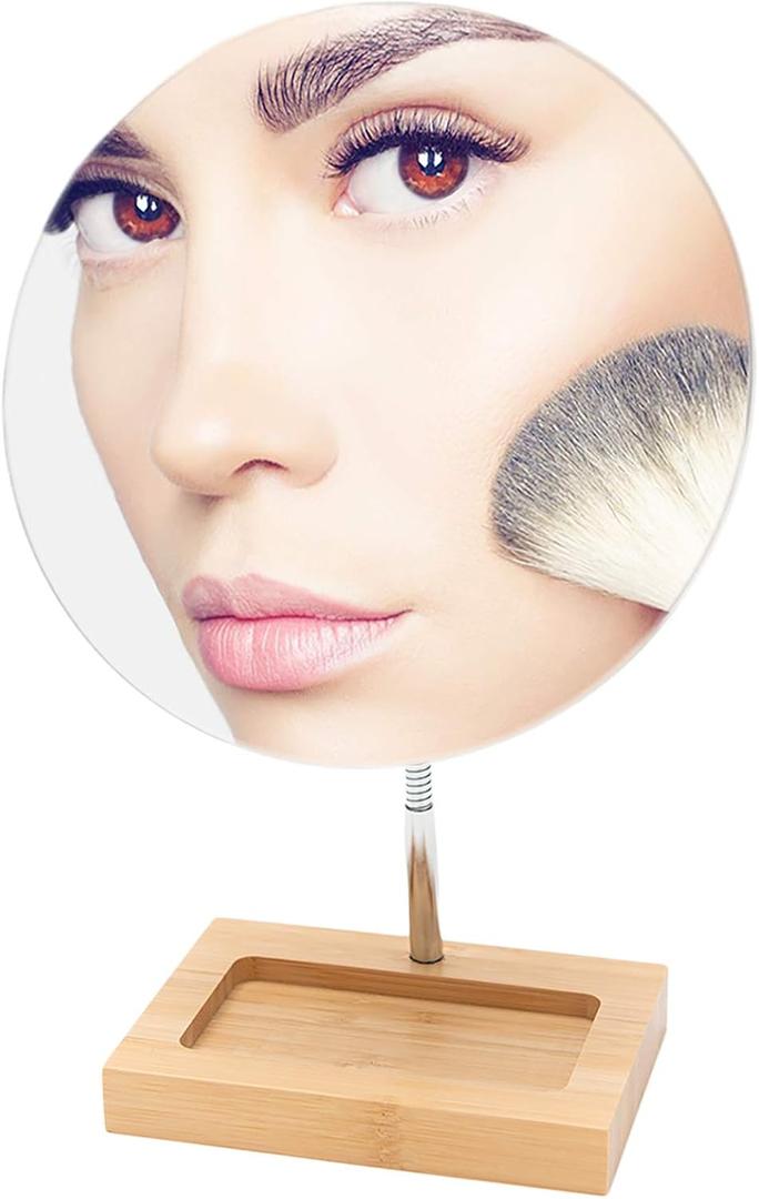 YEAKE Flexible Gooseneck Bamboo Vanity Makeup Mirror,360Rotation 8" Large Frameless Vanity Mirror Folding Portable Table Desk Mirror with Stand Bathroom Shaving Make Up Mirrors Round