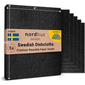 Nordhus Design Large Swedish Dishcloths, 5 Black Cloths, Made in Sweden - 9.5x8 inch Reusable, Washable Cellulose Cotton Kitchen Cloths - Replace Paper Towels, Wipes, Sponges, Dish Rags