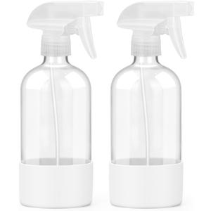 2 Pack Glass Spray Bottles with Silicone Sleeve, 16 oz Empty Refillable Containers with Adjustable Spray Nozzles, Spray Bottles for Hair, Cleaning Solutions and Plants White