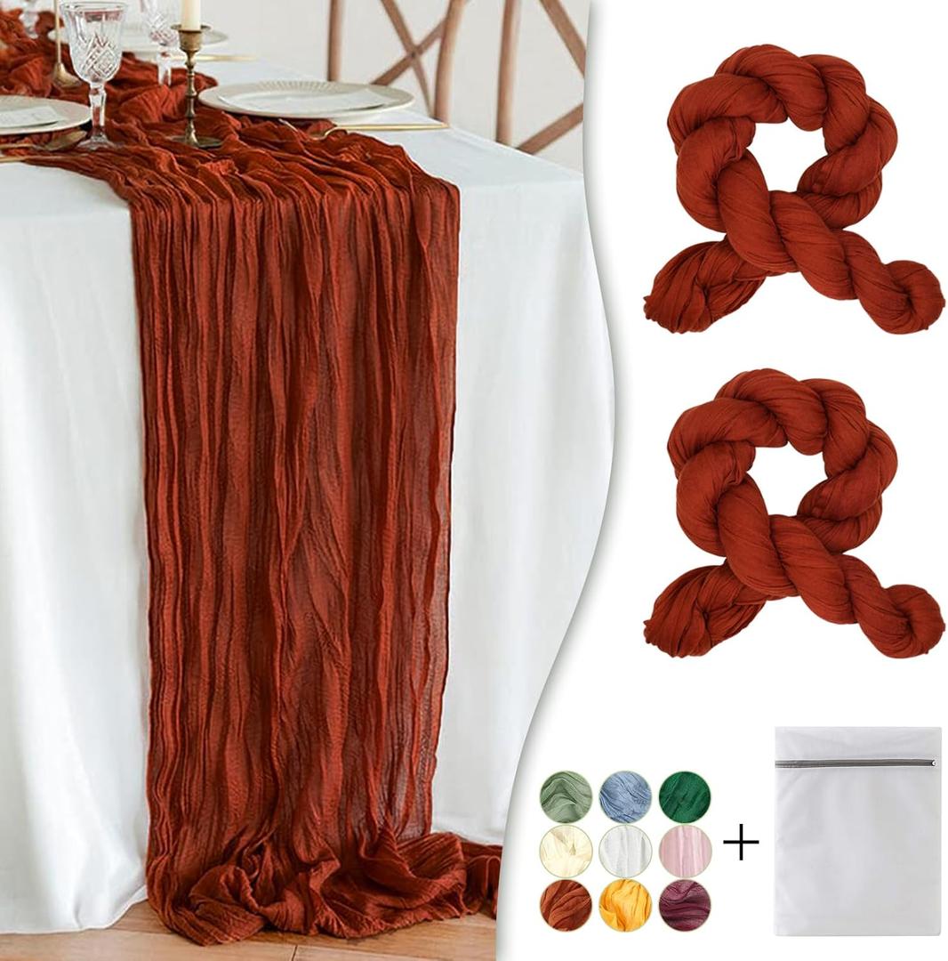 Waligoy Terracotta Cheesecloth Table Runner 2 Pack 35" Boho Gauze Table Runner 120 inches Long Runner Rustic Sheer Fabric Bulk for Baby Shower Wedding Bridal Birthday Party Table Decorations
