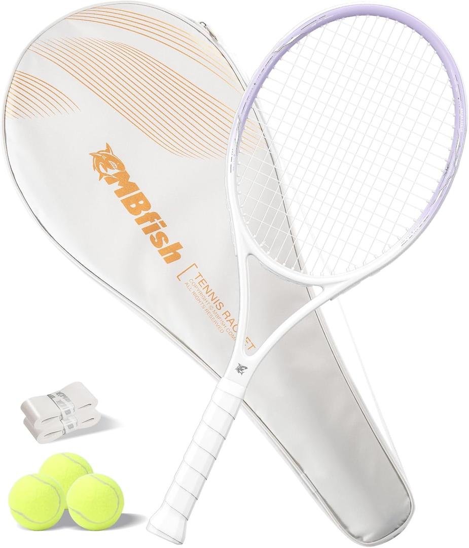 MBFISH Tennis Racket - Super Value Set with Pre-Strung, Comfortable Handle, 27'' Tennis Racquet for Adults, Natural Series Includes 3 Tennis Balls, 2 Overgrips and 1 Tennis Bag Misty Purple 1P
