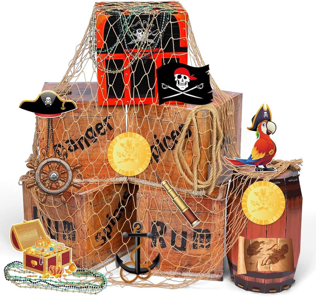 28 Pcs Pirate Themed Party Decorations Imitation Treasure Wooden Boxes Jewelry Fishing Net Adventure Cardboard Boxes for Pirate Nautical Caribbean Birthday Party Favors Photo Booth Props