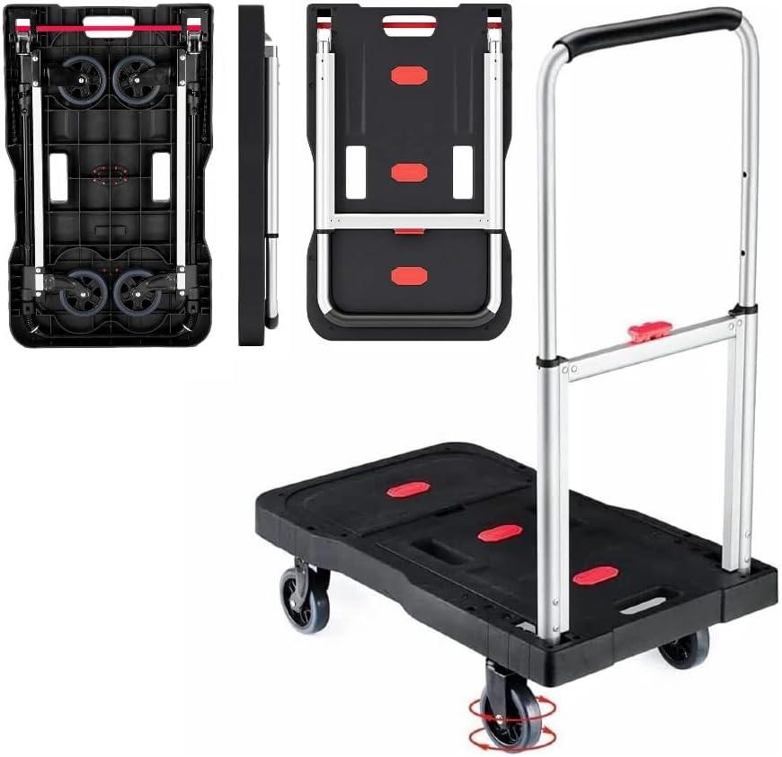 Folding Hand Truck, 330 Lbs Heavy Duty Luggage Cart, Portable Push cart Dolly with Adjustable Handle for Auto, Luggage, Personal, Travel, Moving Shopping and Office Use (Red and Silver)