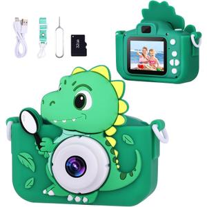 Dinosaur Toys Camera for Kids Boys Age 3-8, Toddler Kids Digital Camera Christmas Birthday Gifts for 3 4 5 6 7 8 Years Old Boy, Cute Selfie Video Camera, HD 1080P, 32GB SD Card Included (Green)