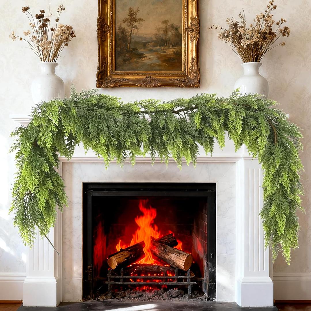 6 ft Christmas Garland Real Touch Cedar Garland for Mantel Fireplace Christmas Decorations, Faux Pine Garland Thick & Lush Artificial Greenery for Table Stairs Window Indoor Outdoor