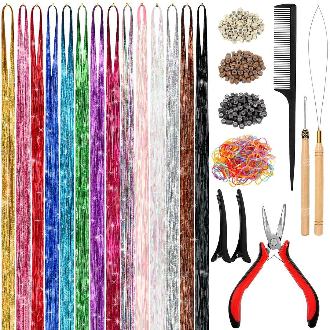 Hair Tinsel Kit (48 Inch, 14 Colors, 3500 strands), Tinsel Hair Extensions with Tools, Heat Resistant Fairy Hair Tinsel Kit for Women Hair Accessories