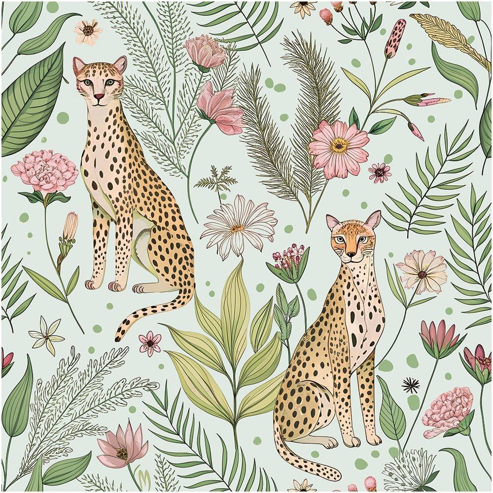 Floralplus Wallpaper Peel and Stick Jungle Leopard Wallpaper Removable Boho Cheetah Animal Wallpapers Renter Friendly Floral Contact Paper for Bathroom Cabinets Countertop 17.5 x 118 in (Mint Green)