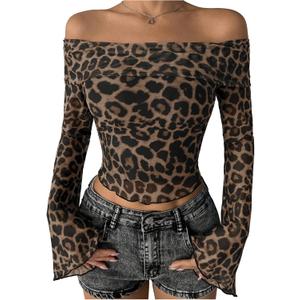 WDIRARA Women's Leopard Off The Shoulder Tops Long Bell Sleeve Tee Shirts Fitted Crop Tops (Brown, S)