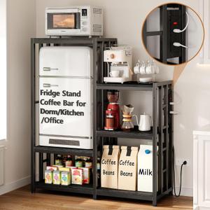 Mini Fridge Stand Coffee Bar Cabinet Station With Small Refrigerator Insert Storage Space, Shelf Organizer For Dorm Microwave To Sit, Black Baker Rack With Power Outlet, Big Table To Go Over Fridge, 15.7"D x 40.5"W x 48.8"H