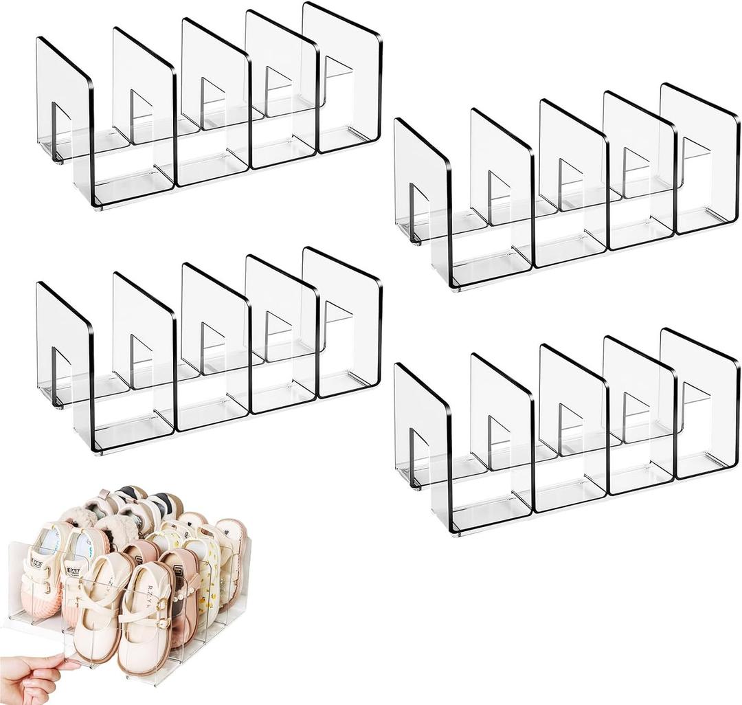 Transparent Acrylic Kids Shoe Rack, Small Shoe Rack,Baby Shoe Organizer, Kids Shoe Organizer with 4 Sections Stackable Shelves for Closet Storage, Space-Saving 4 Pack