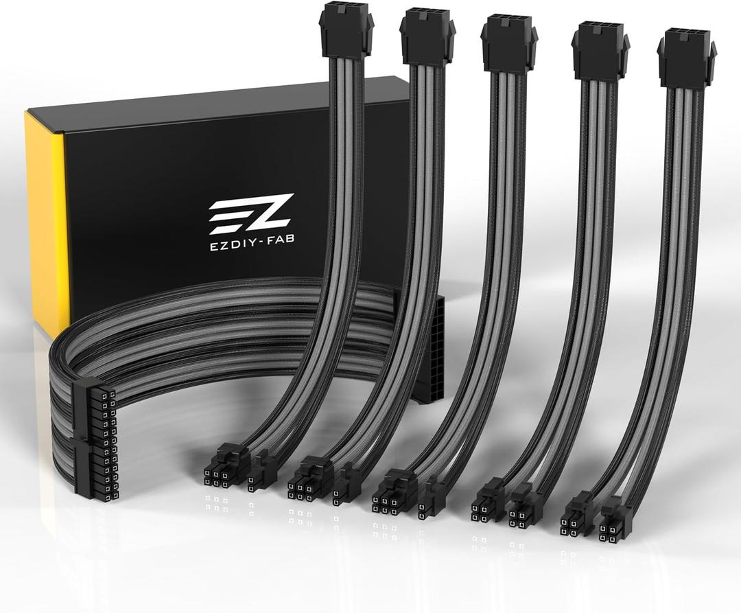 EZDIY-FAB PSU Cable Extension Sleeved Custom Mod GPU PC Power Supply Soft Nylon Braided with Comb Kit 24PIN/3x 8PIN to 6+2Pin/ 2X 8PIN to 4+4PIN-300MM/11.9in - Black Grey
