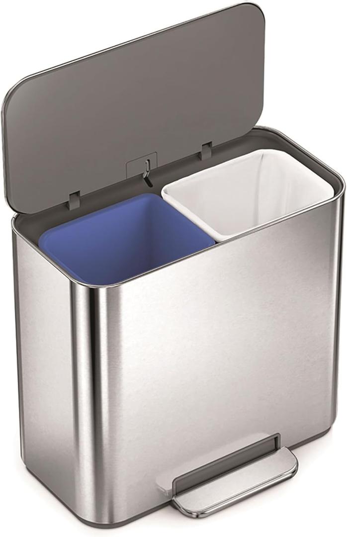 simplehuman 15L Mini Recycler Step Can, Dual Compartment Trash Can for Hotel, Offices and Small Spaces, Brushed Stainless Steel