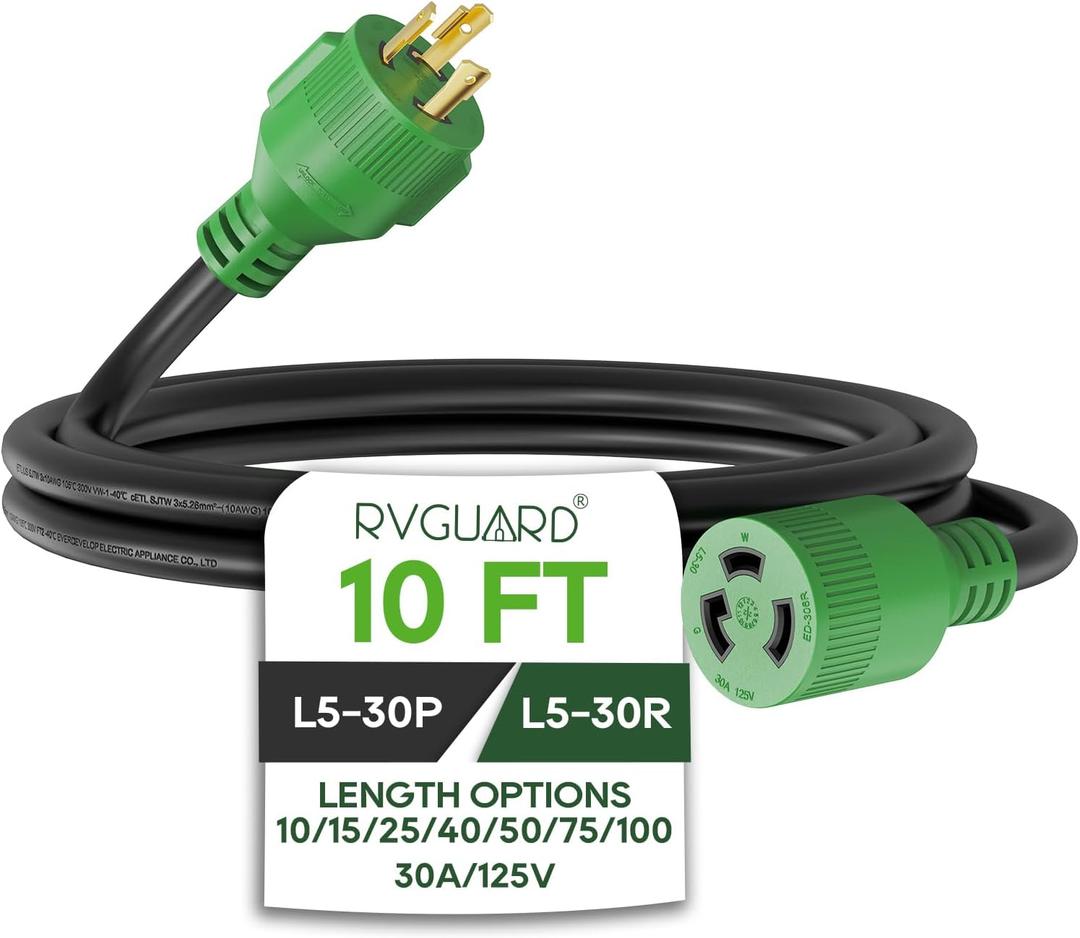 RVGUARD 3 Prong 30 Amp 10 Foot Generator Extension Cord, NEMA L5-30P/L5-30R 125V 10 Gauge SJTW Generator Power Cord, ETL Listed