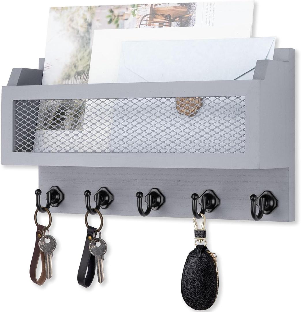Nekon Mail and Key Holder for Wall Decorative, 11 Inch Wooden Wall Key Organizer with 5 Key Hooks, Wall Mount Storage Shelf for Entryway Hallway (Gray)