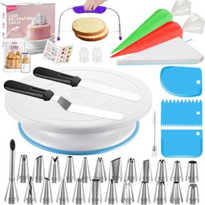 Syntus 65 PCs Cake Decorating Kit with Cake Stand Turntable, Cake Baking Supplies 30+1 Piping Bags, 24 Piping Tips, Offset & Straight Spatulas, 3 Scrapers, Leveler, 2 Couplers & 1 Tips Brush (Blue)