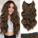 BUPPLER Halo Hair Extensions 20 Inch Invisible Wire Hair Extensions Adjustable Long Wavy Hairpiece Synthetic Upgrade 4 Secure Clips in Hairpieces 20 Inch,Medium Brown