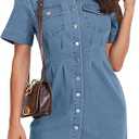 Denim Shirt Dress for Women Short Sleeve, Jean Stretch Button Down Dresses for Summer XL Blue