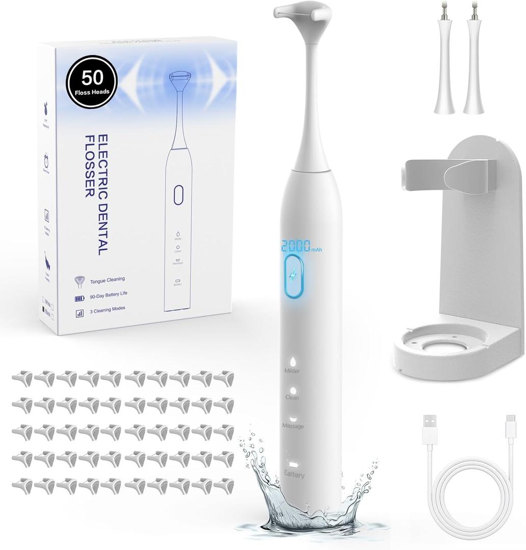 Voraiya Electric Flosser for Teeth Dental Floss 3 Modes + 50 Replacement Heads | Tongue Scraper | Gum Care | Water Flosser Alternative | Dentist Invented Dental Flosser for Adults & Kids (White)