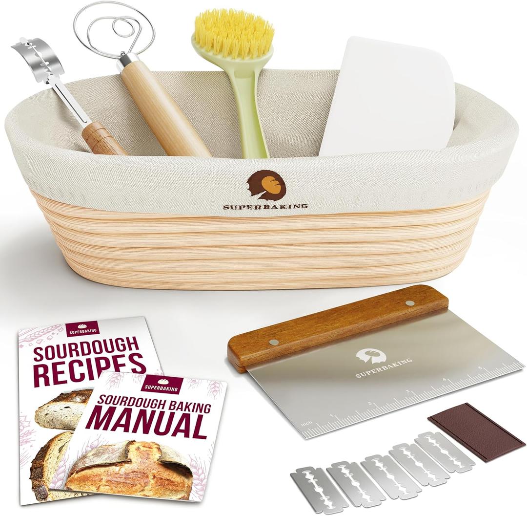 Superbaking 10" Oval Banneton Bread Proofing Basket Sourdough Starter Kit for Crusty Artisan Style Loaves, Includes Essential Bread Baking Supplies & Tools - Ideal Gift for Bakers