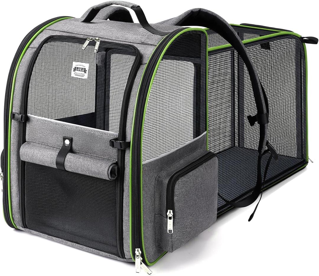 Large Cat Backpack Carrier Expandable Pet Carrier Backpack Fit Up to 18 Lbs,Dogs Foldable Puppy Backpack Carrier for Travel, Hiking,Grey with Green Edge,L