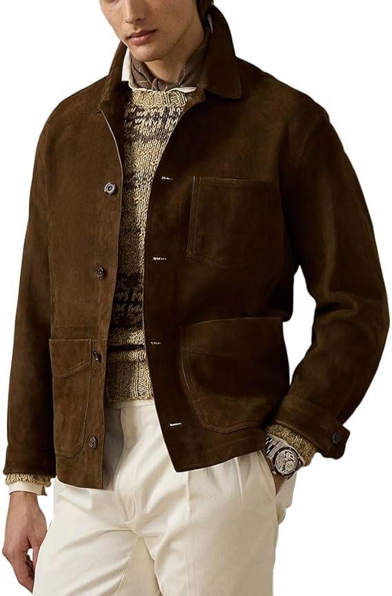 Suede Leather Jacket Men – Real Lambskin Suede Casual Leather Jackets For Men - Mens Suede Jacket  L, Brown