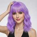 Pastel Purple Wavy Bob Wig for Women, Short Shoulder Length Synthetic Wig with Bangs, Natural Looking Lightweight Hairpiece for Daily Wear & Cosplay Costume Party